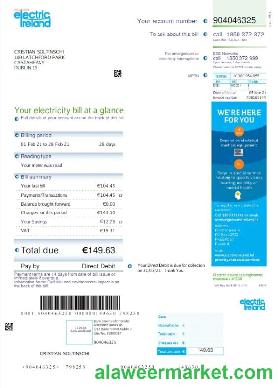 IRELAND ELECTRIC IRELAND utility bill Word and PDF template